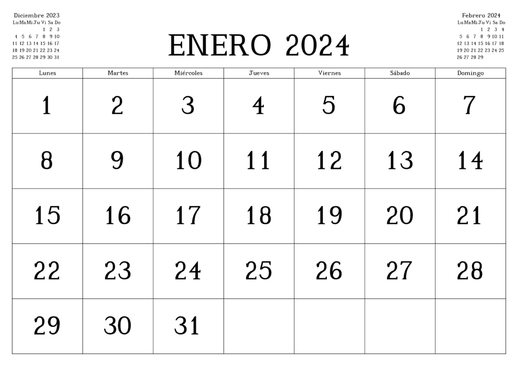 Calendarios Enero 2024 para imprimir GRATIS