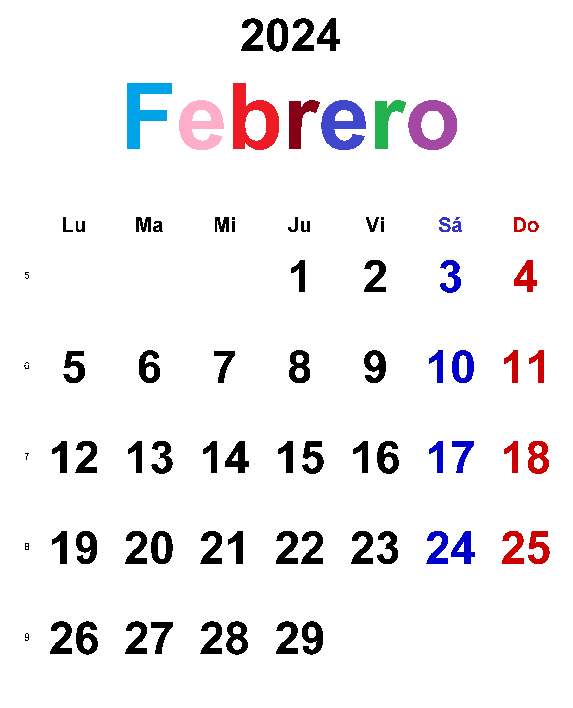 Calendarios Febrero 2024 para imprimir GRATIS