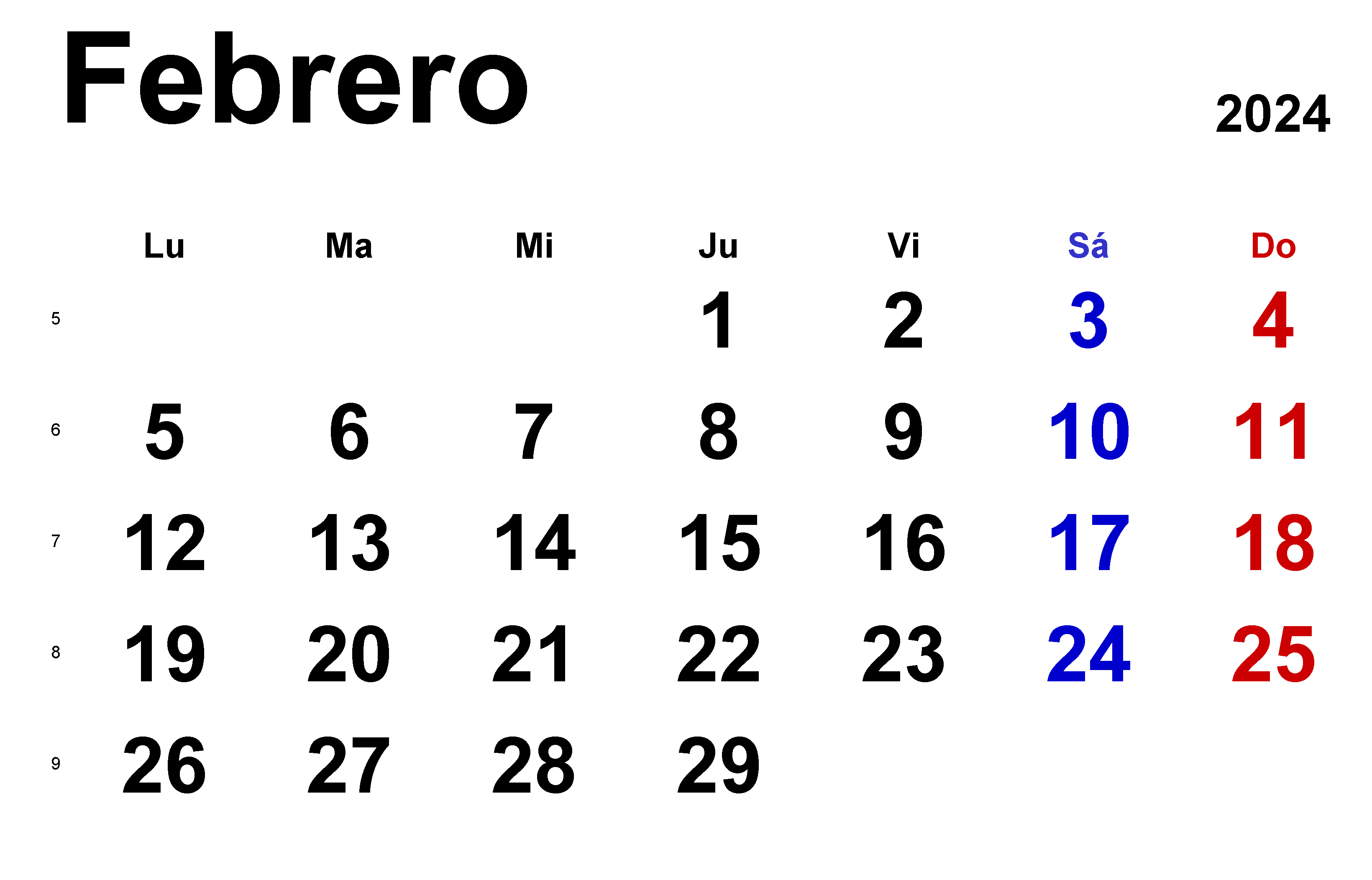 Calendarios Febrero 2024 para imprimir GRATIS