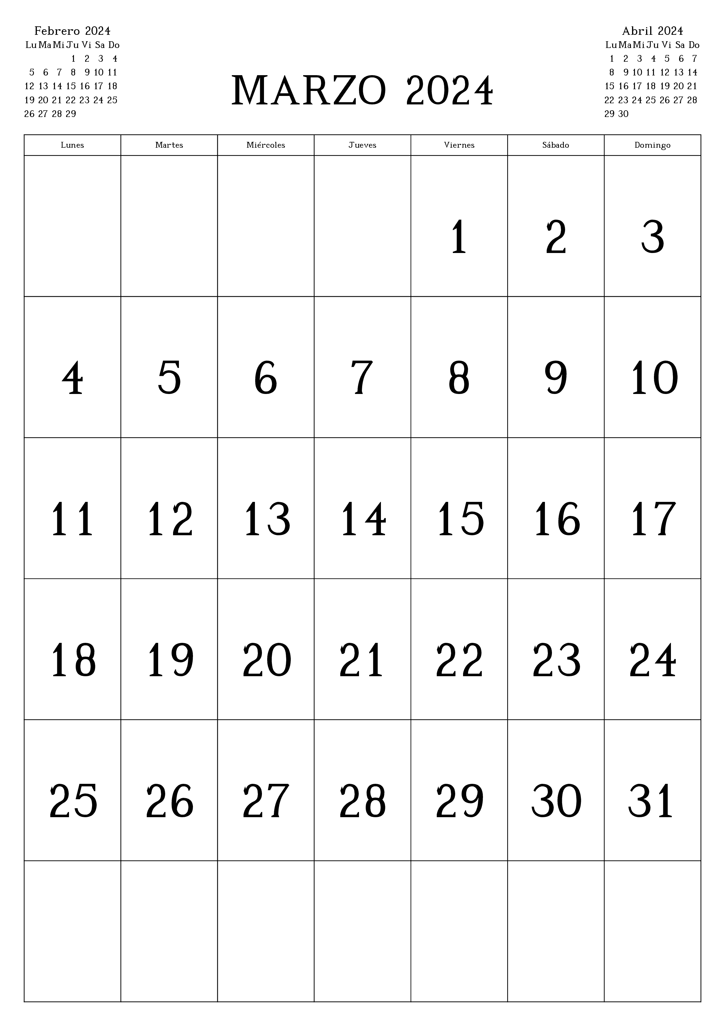 Calendarios Marzo 2024 para imprimir GRATIS