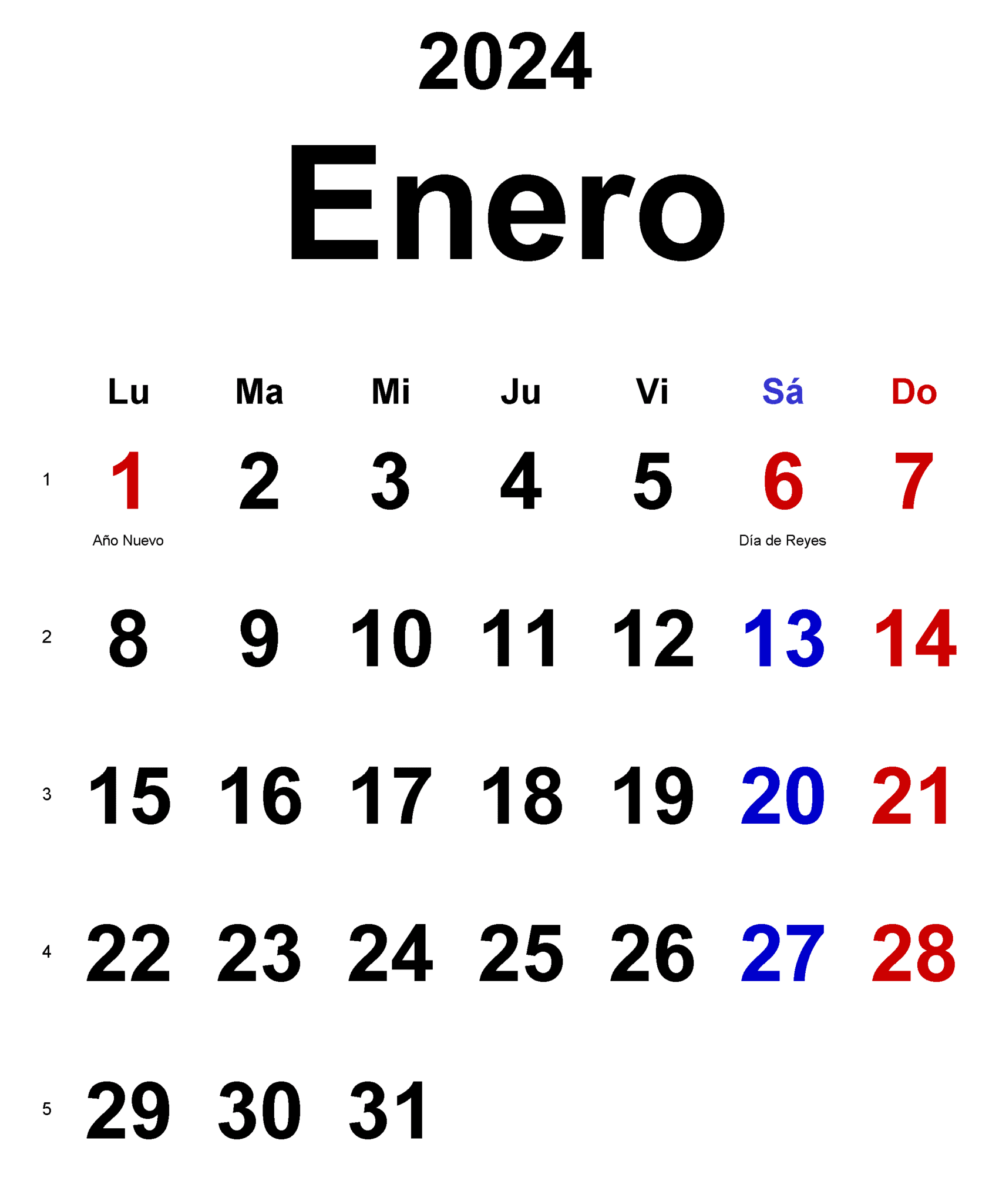 Calendarios Enero 2024 para imprimir GRATIS