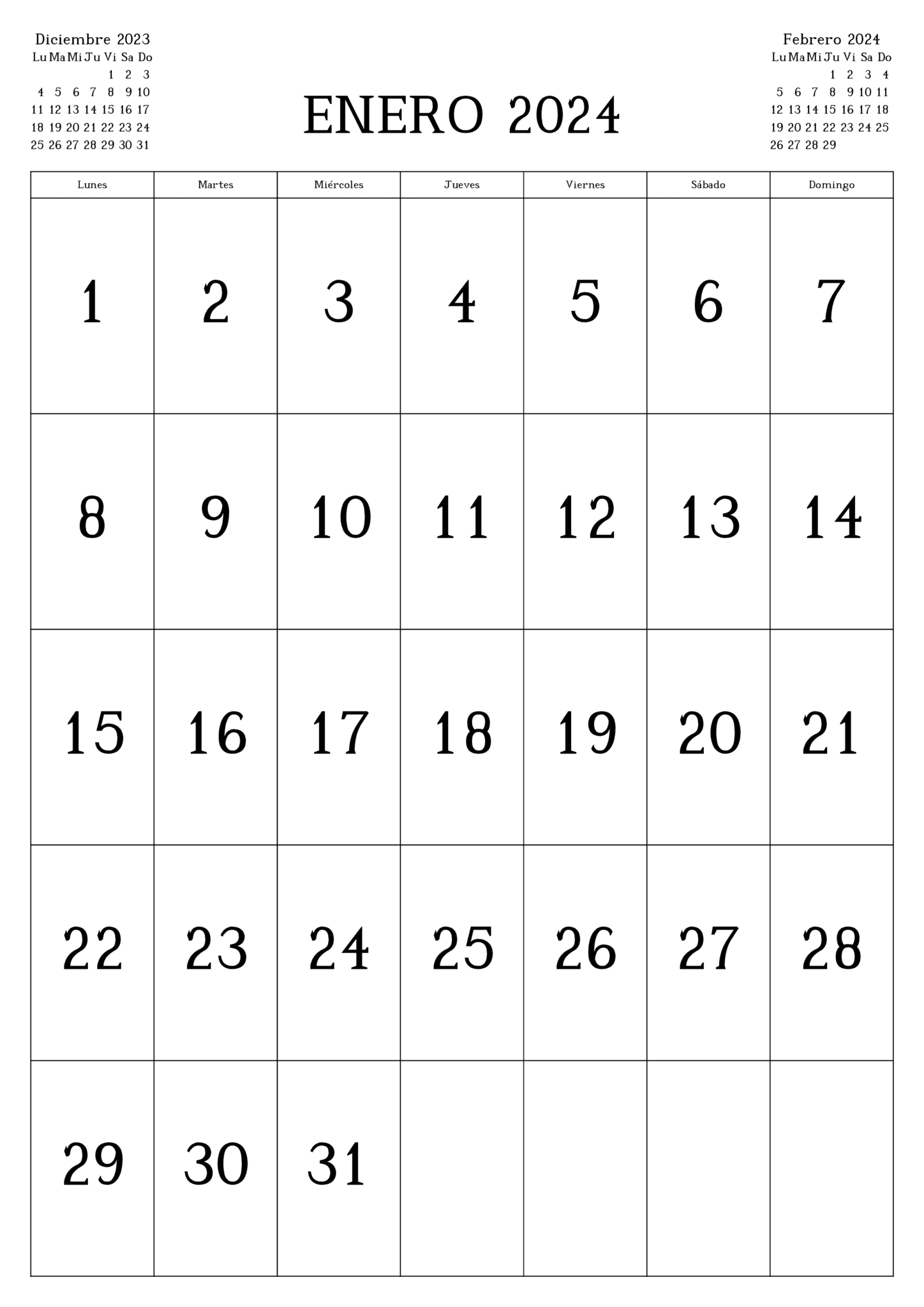 Calendarios Enero 2024 para imprimir GRATIS