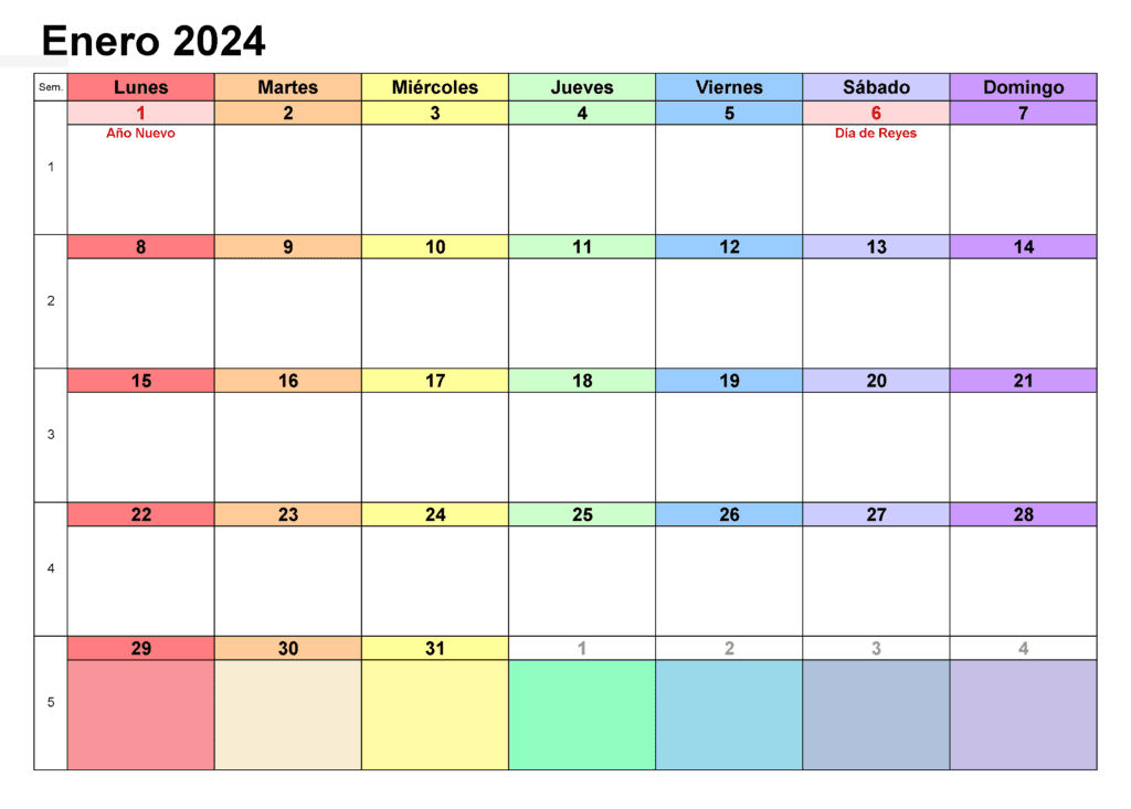 Lindo calendario de enero de 2024