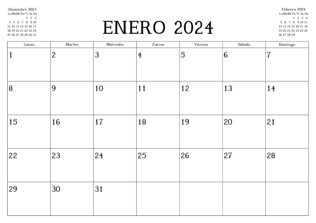 Plantillas en blanco del calendario de enero de 2024
