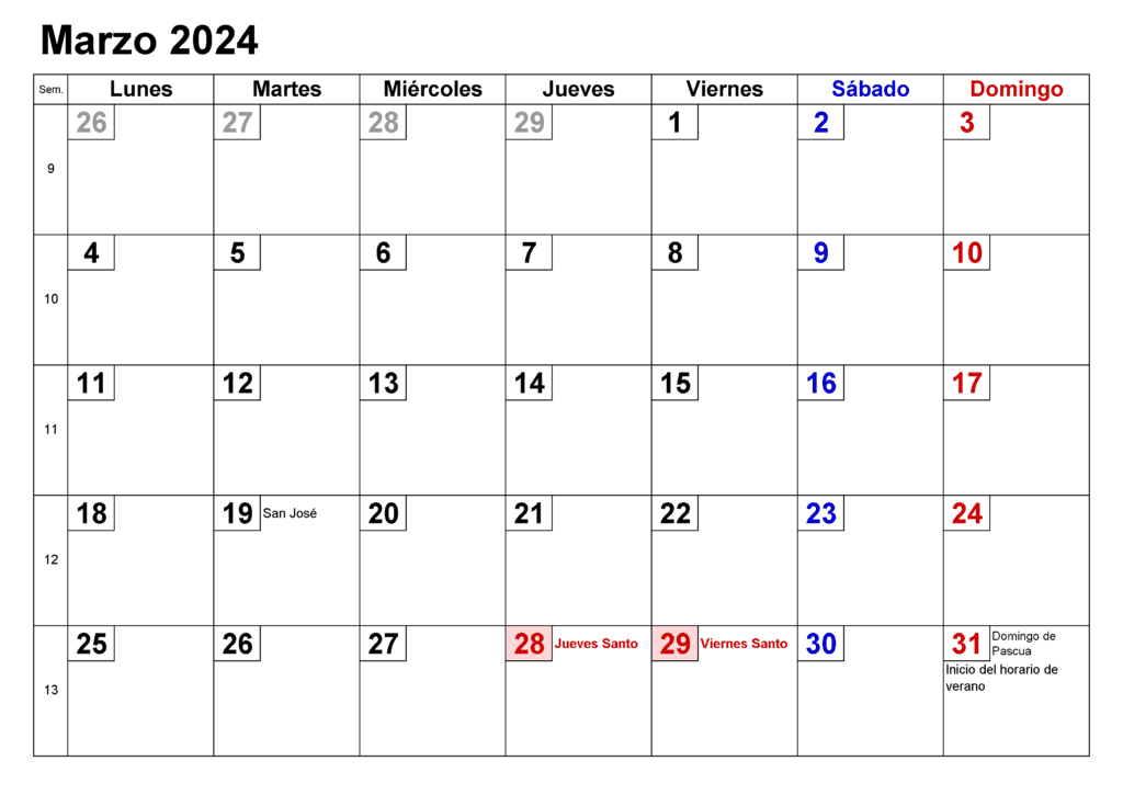 Plantillas en blanco del calendario de marzo de 2024
