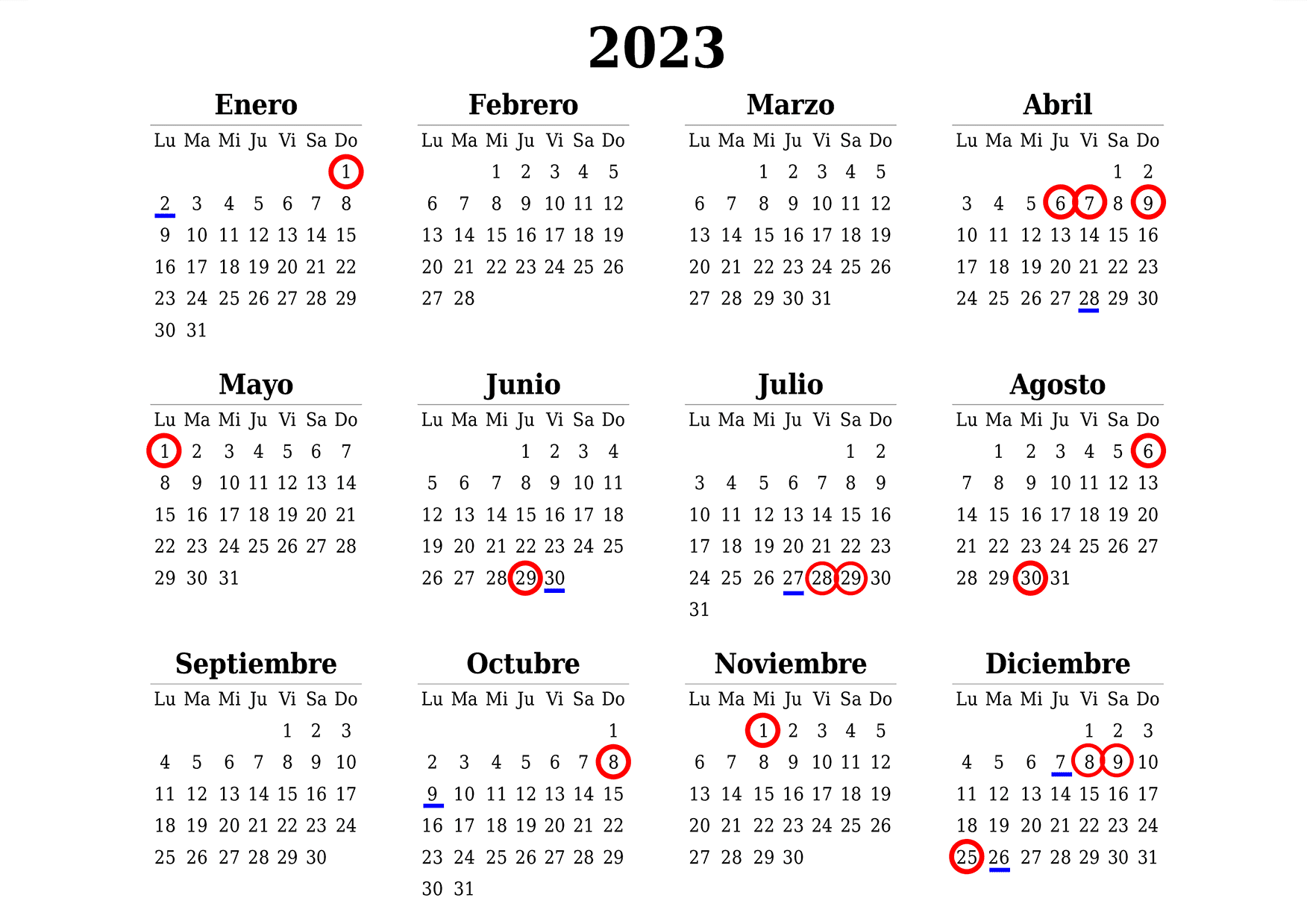 Calendario 2023 imprimible con plantillas de días festivos