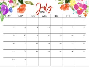 Cute July 2023 Calendar Floral, Pink Design