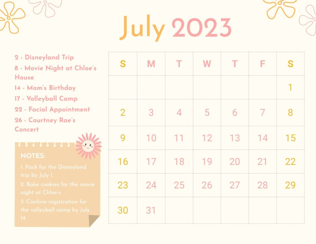 Cute July 2023 Calendar Floral, Pink Design