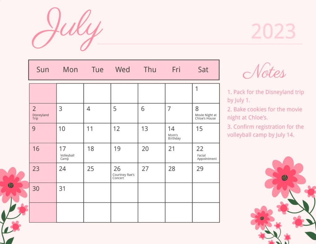 Cute July 2023 Calendar Floral, Pink Design