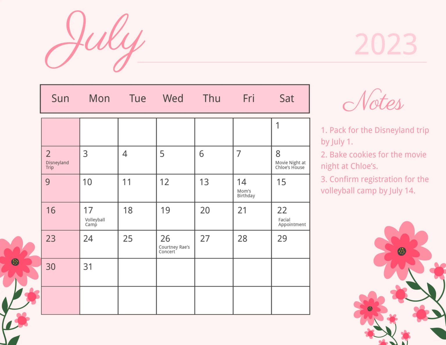 Cute July 2023 Calendar Floral Pink Design