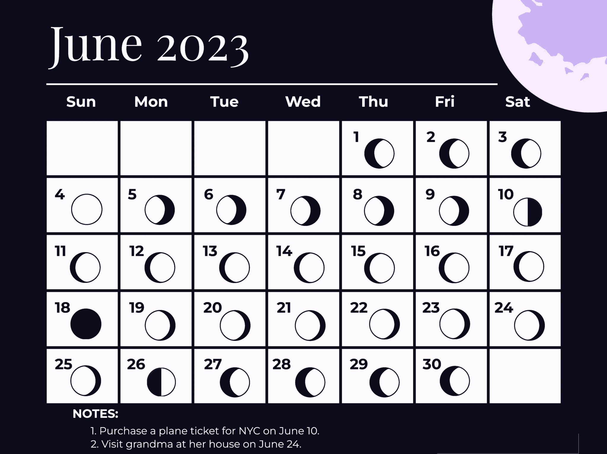 Lunar June 2023 Moon Phases Calendar Printable Templates