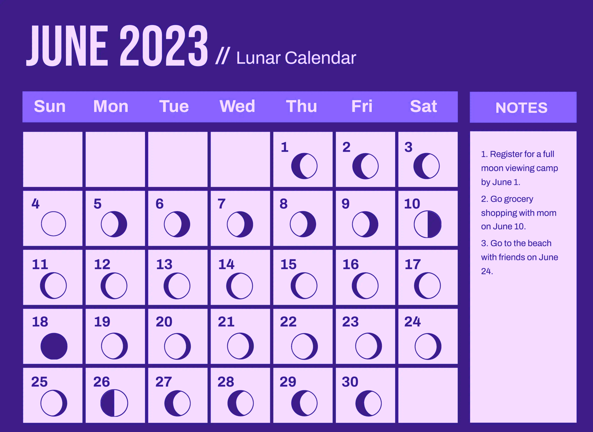 Lunar June 2023 Moon Phases Calendar Printable Templates