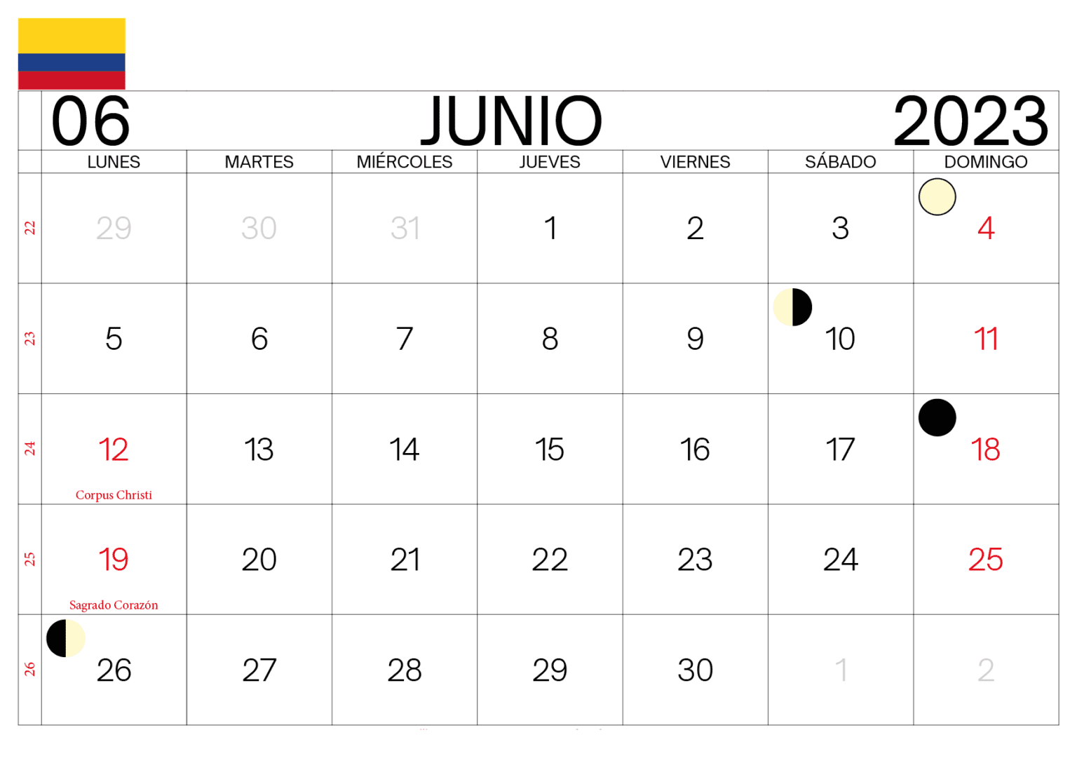 Plantillas de Calendario en Blanco de Junio de 2023