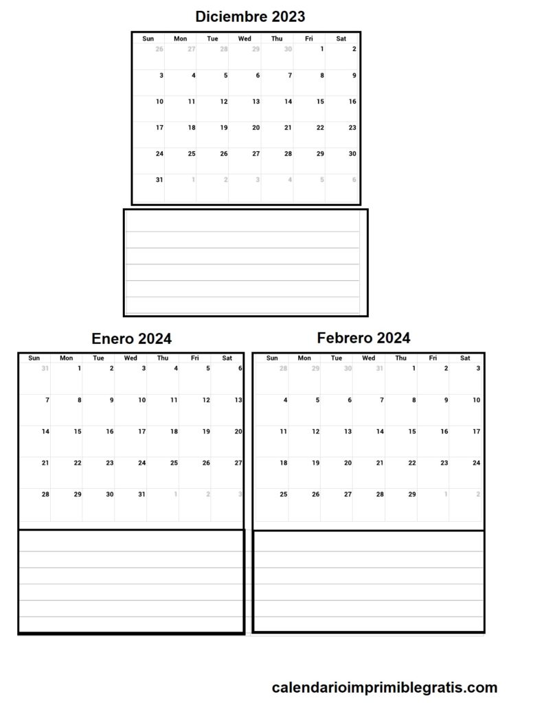 Calendario Diciembre 2023 a Febrero 2024 Gratis Para Descargar
