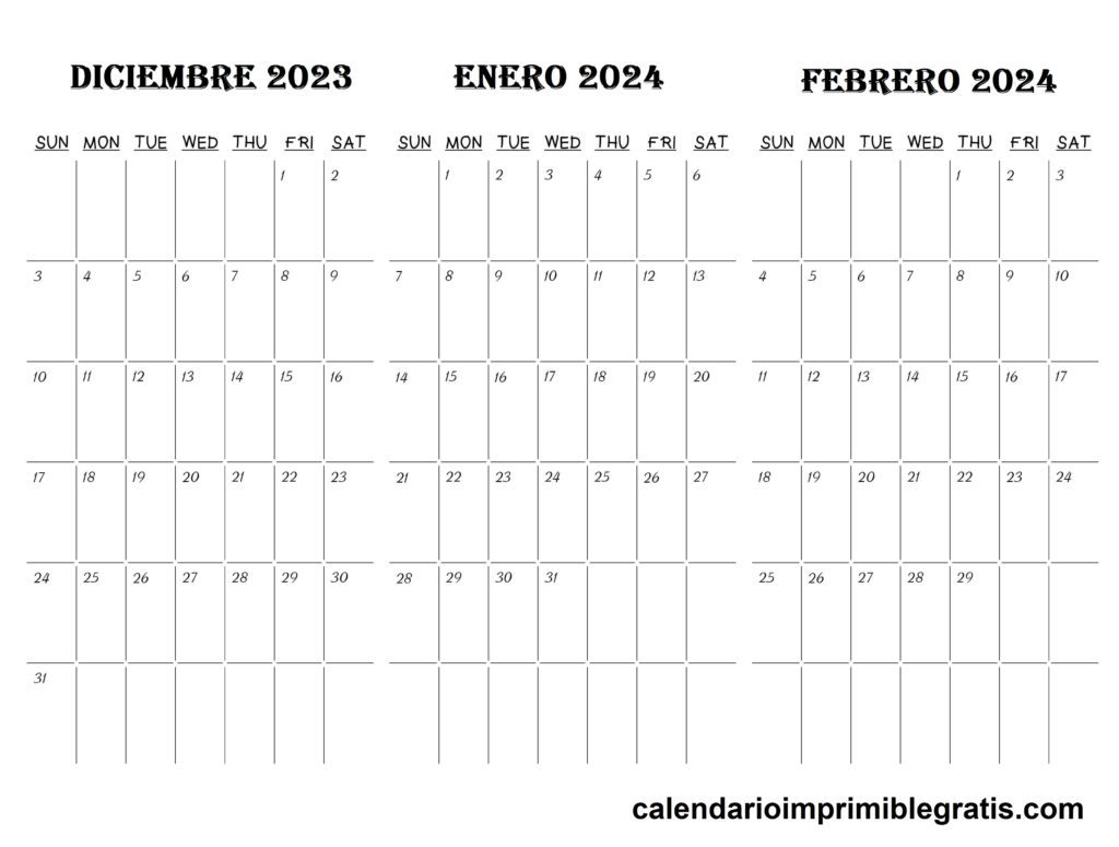 Calendario Gratis Diciembre 2023 a Febrero 2024