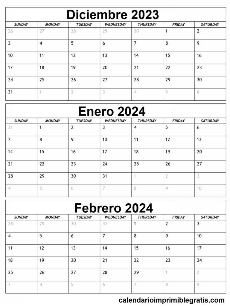 Calendario diciembre 2023 a febrero 2024 para imprimir gratis