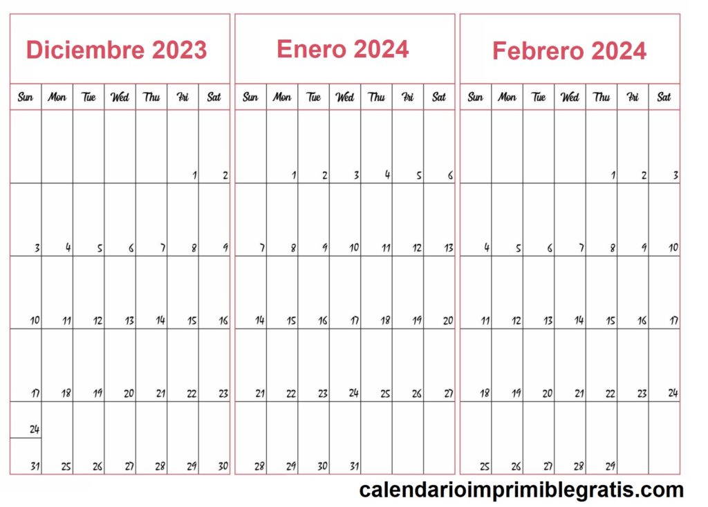Plantilla de calendario de diciembre de 2023 a febrero de 2024