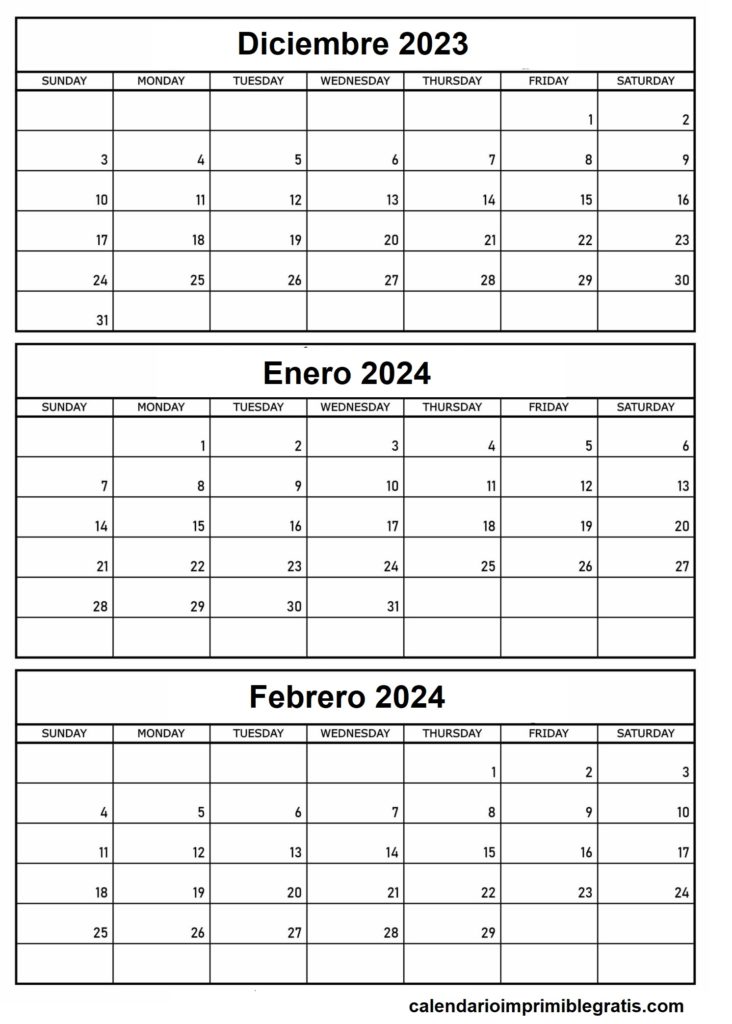Plantilla gratuita de calendario de diciembre de 2023 a febrero de 2024