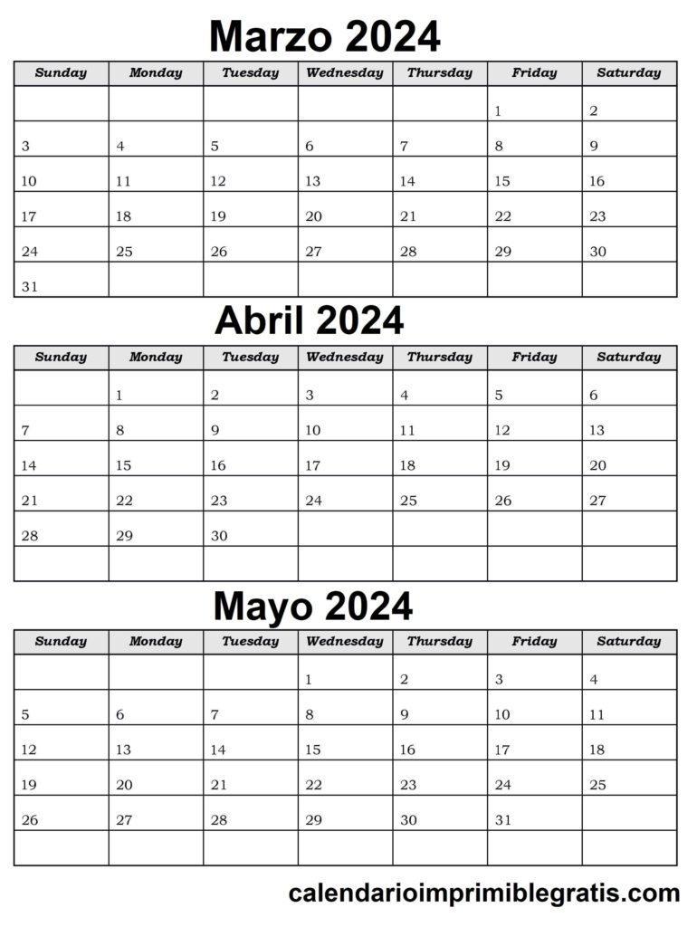 Calendario Gratis Marzo a Mayo 2024