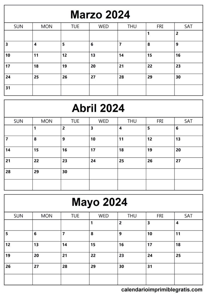 Calendario Marzo a Mayo 2024