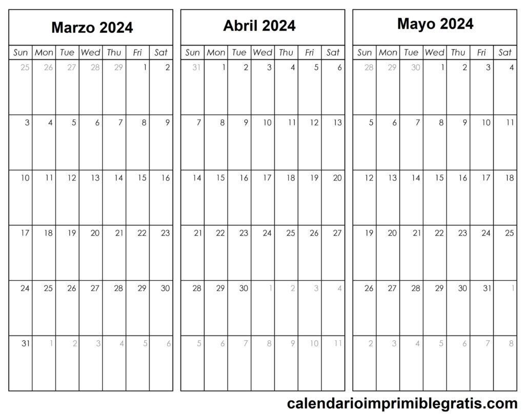 Calendario de marzo a mayo de 2024 para imprimir gratis