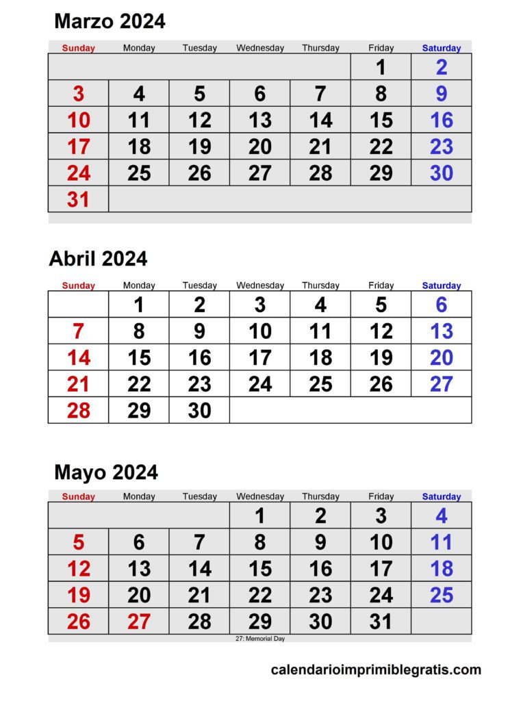 Calendario marzo, abril, mayo 2024 imprimible