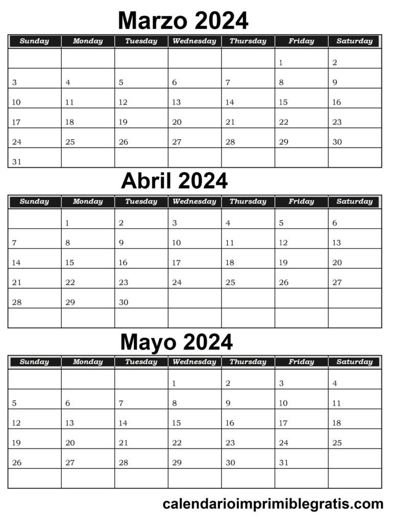 Calendario marzo, abril, mayo 2024 para imprimir gratis