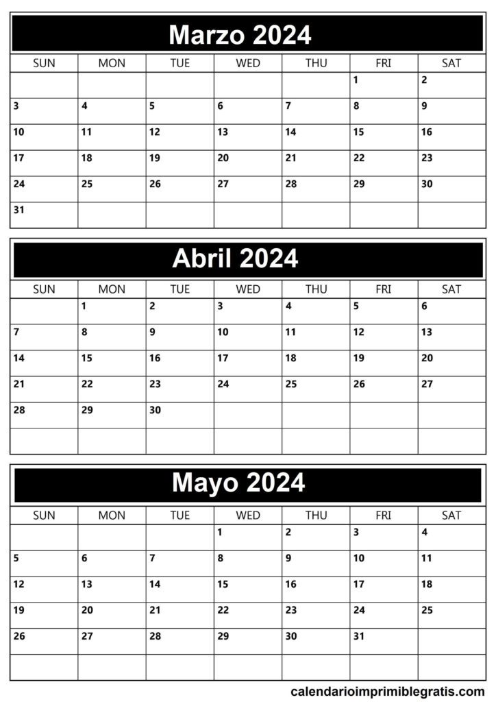 Plantilla gratuita para calendario marzo, abril y mayo de 2024
