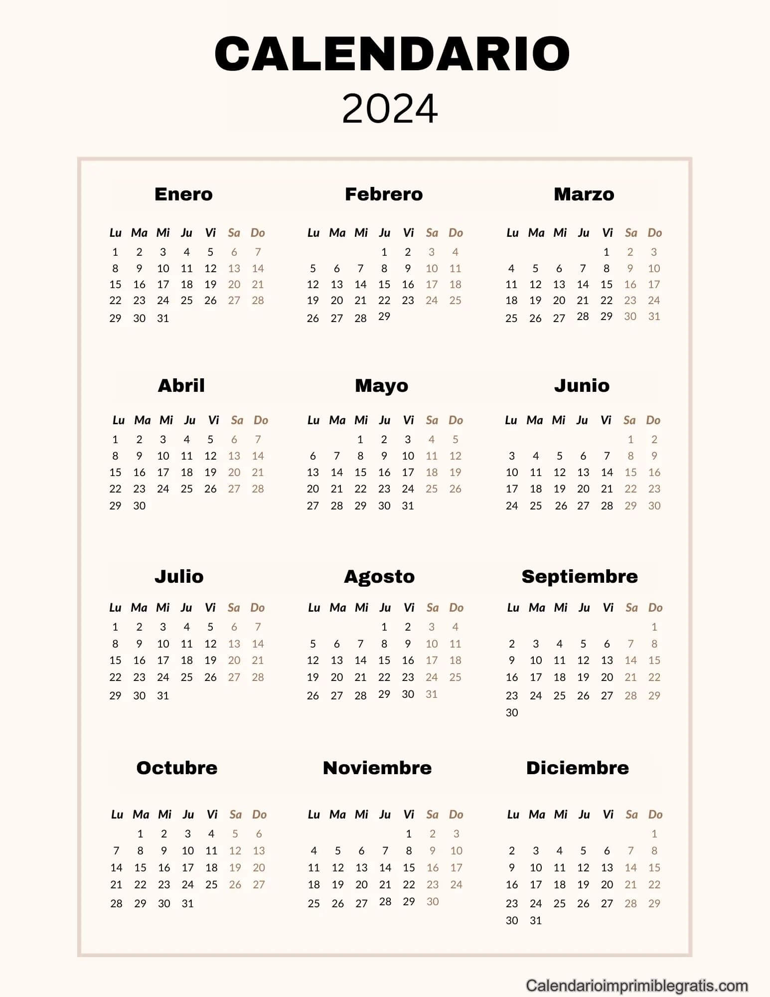 2024 Calendario De 12 Meses Imprimible