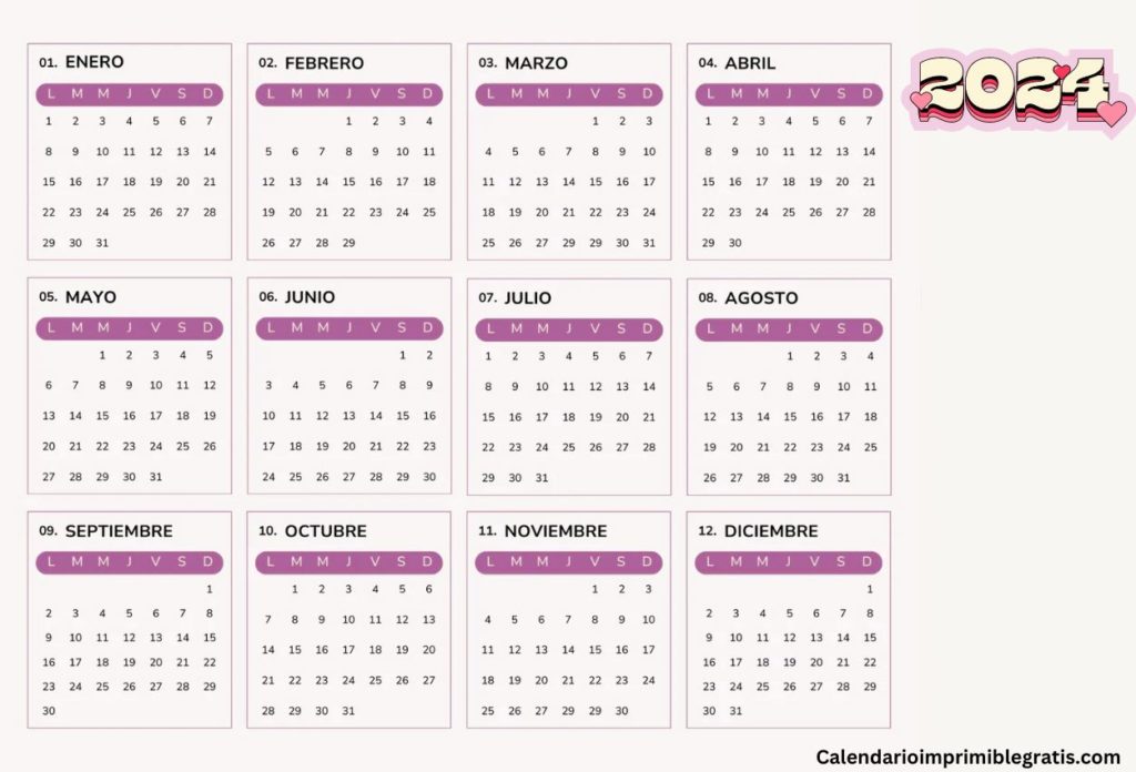 Calendario 2024 imprimible con plantillas de días festivos