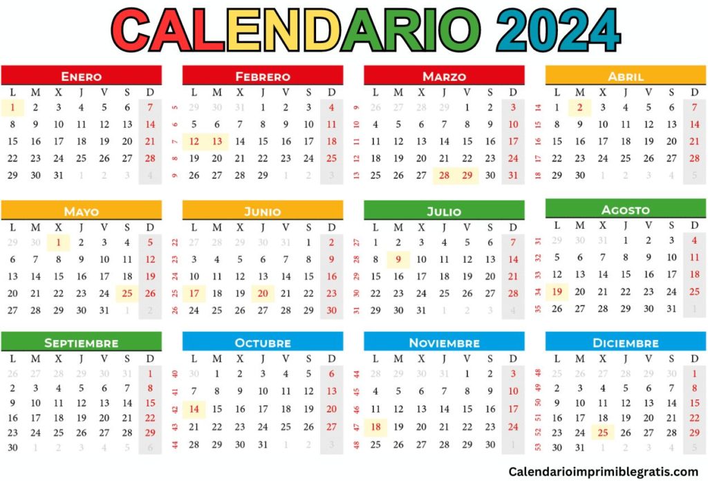 Calendario 2024 imprimible con plantillas de días festivos