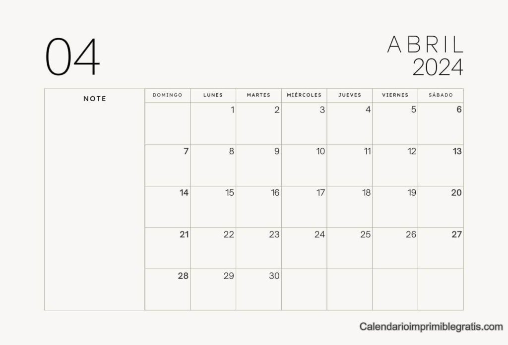 Calendario Abril 2024