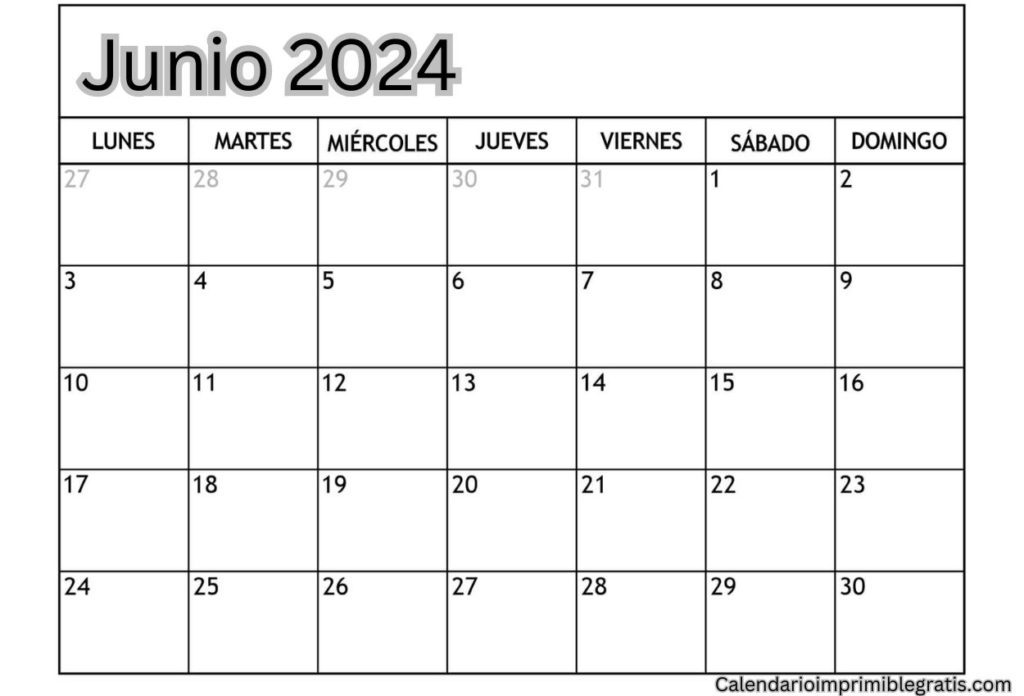 Calendario Blanco junio 2024 para imprimir en PDF
