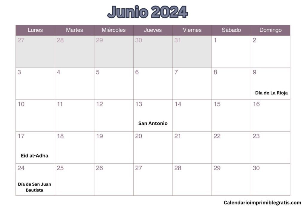 Calendario Festivo de Junio 2024