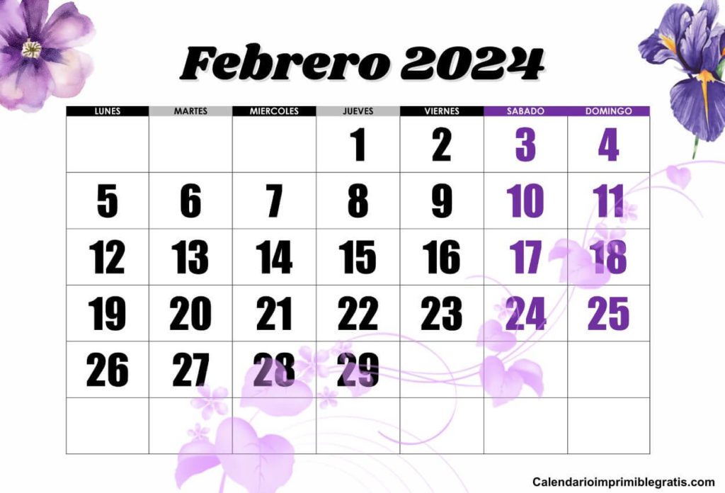 Calendario Floral Febrero 2024 Gratuito En PDF