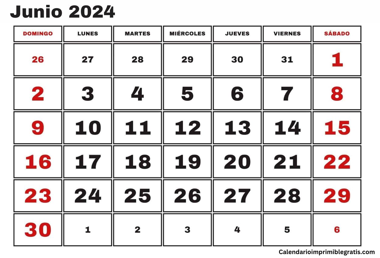 Calendario Junio 2024 España para Imprimir Gratis