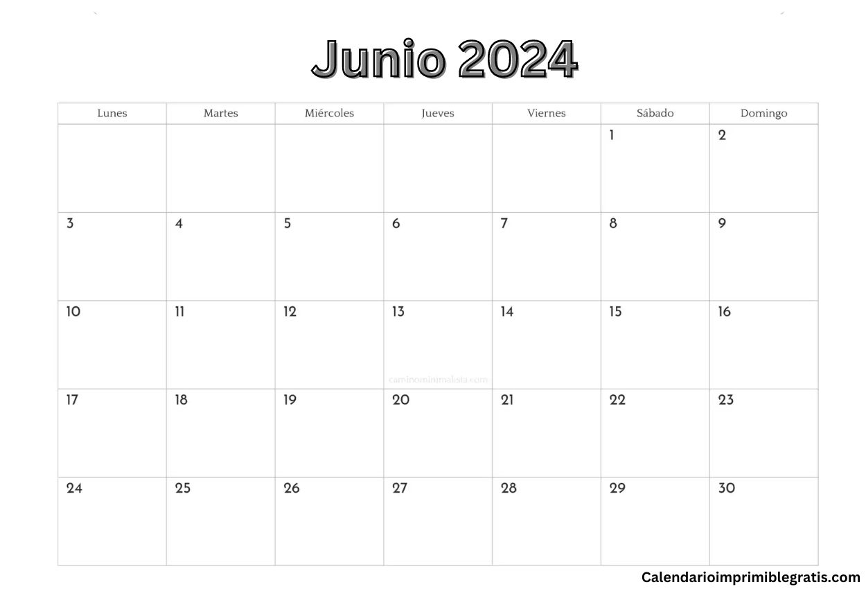 Calendario Junio 2024 Imprimible