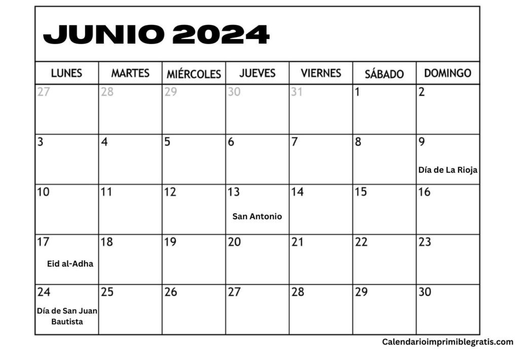 Calendario Junio 2024 con Dias Festivos