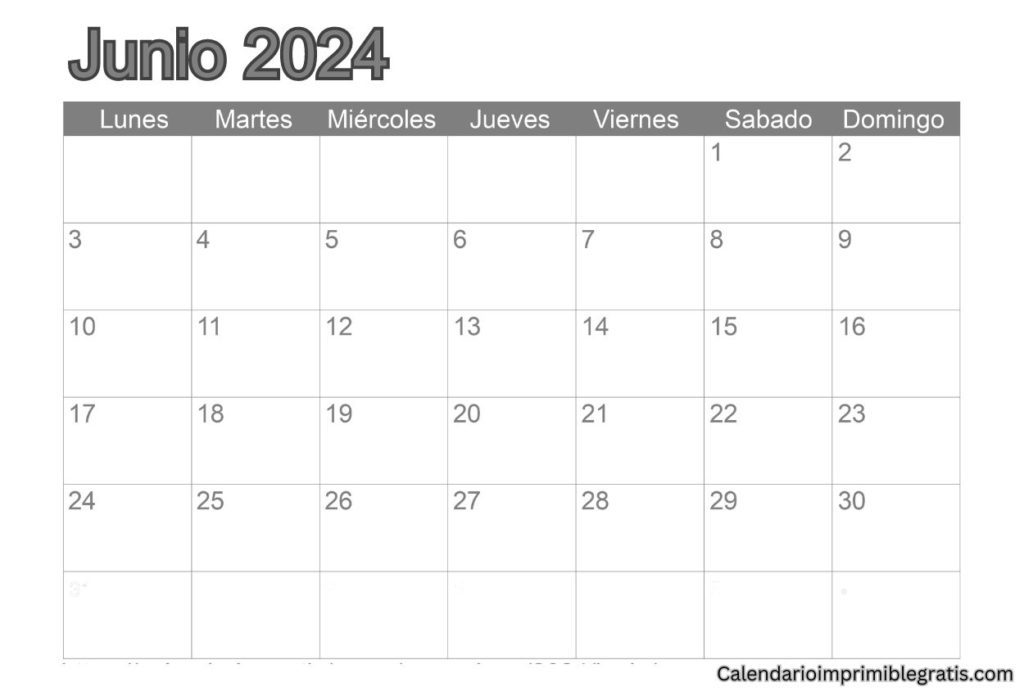 Calendario Junio 2024 plantilla en blanco