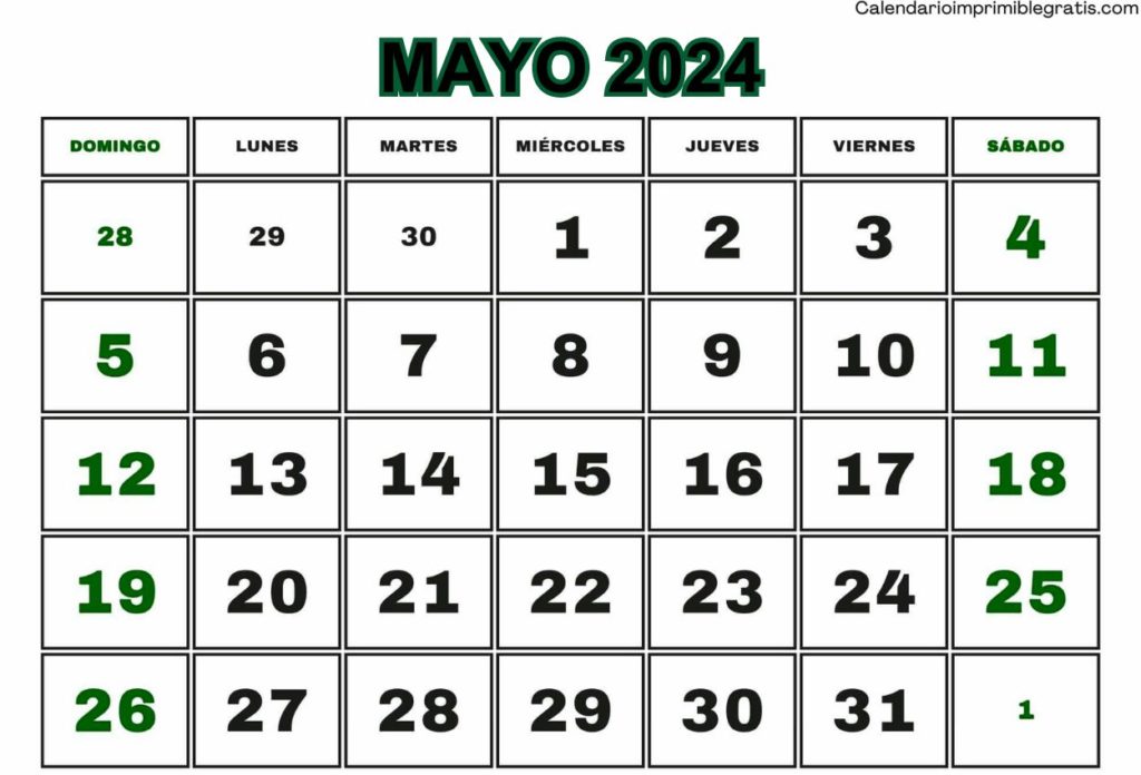 Calendario Mayo 2024 con Dias Feriados