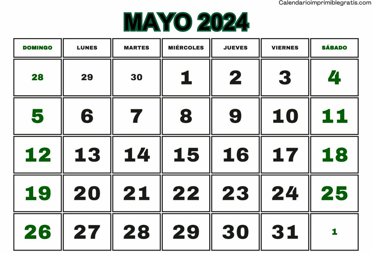 Calendario Mayo 2024 con Festivos