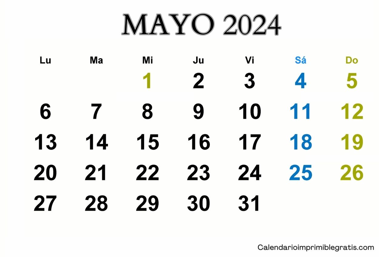 Calendario Mayo 2024 para Imprimir