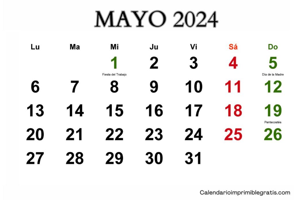 Calendario Mayo 2024 para Imprimir