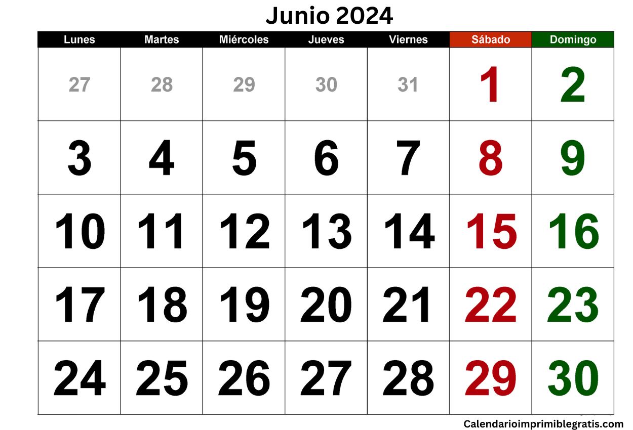 Calendario Mensual Gratuito De Junio De 2024