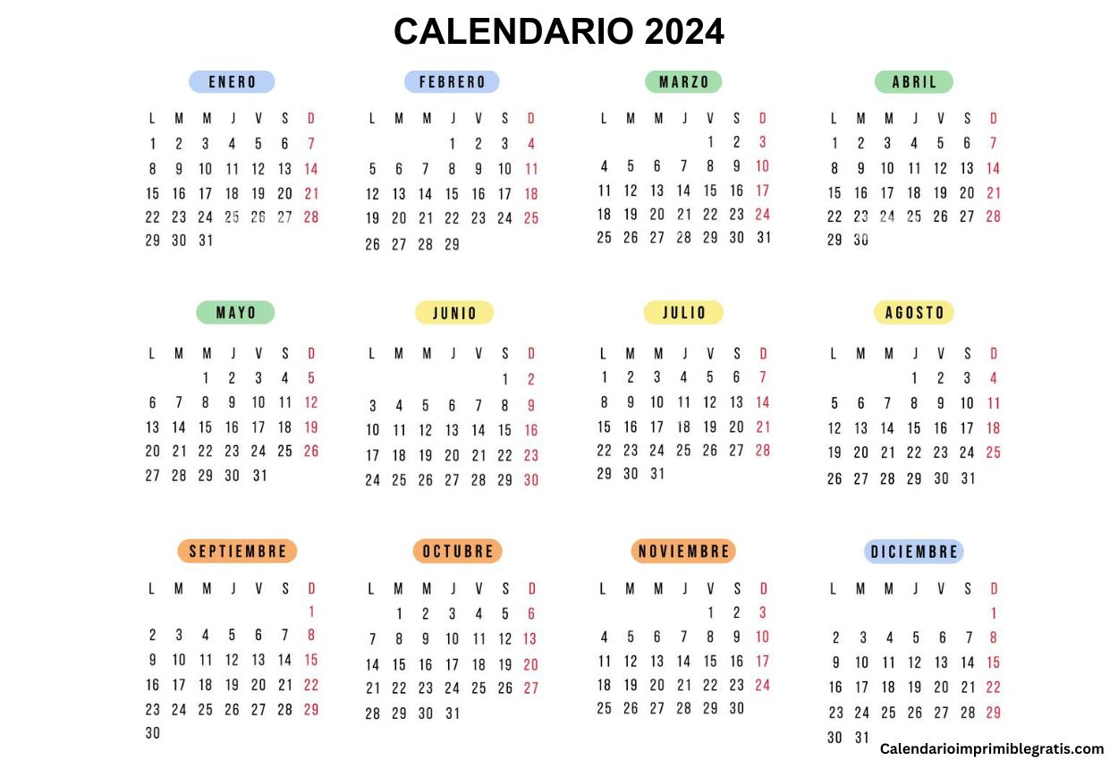 Calendario anual 2024 con días festivos
