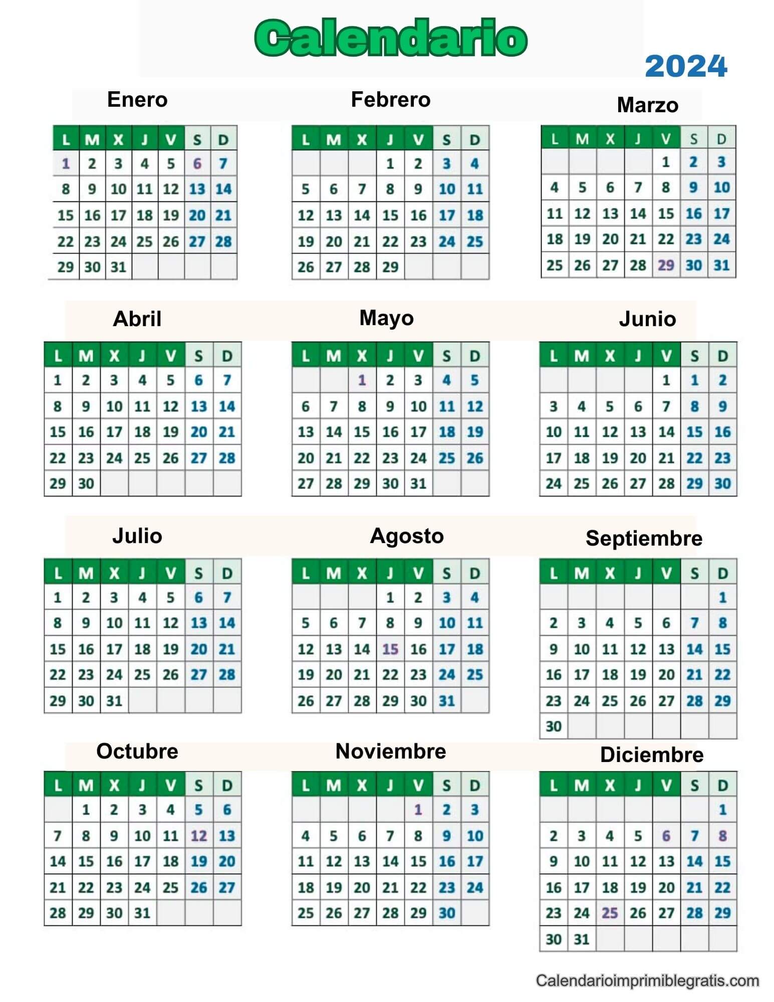 Calendario anual 2024 con notas