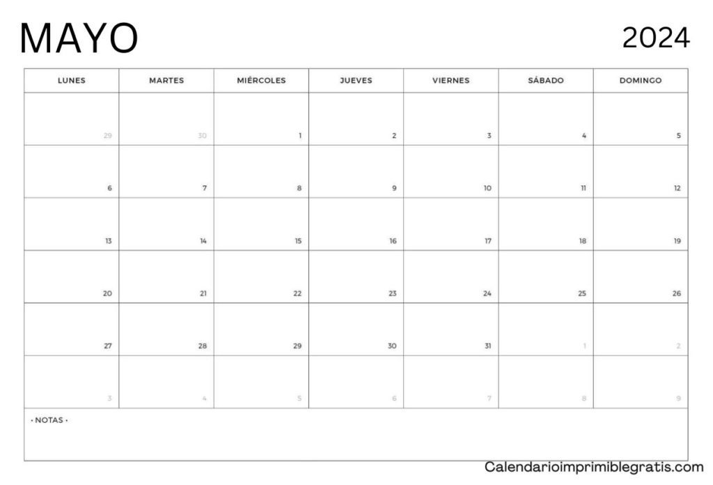 Calendario de Mayo de 2024 con dias festivos y feriados