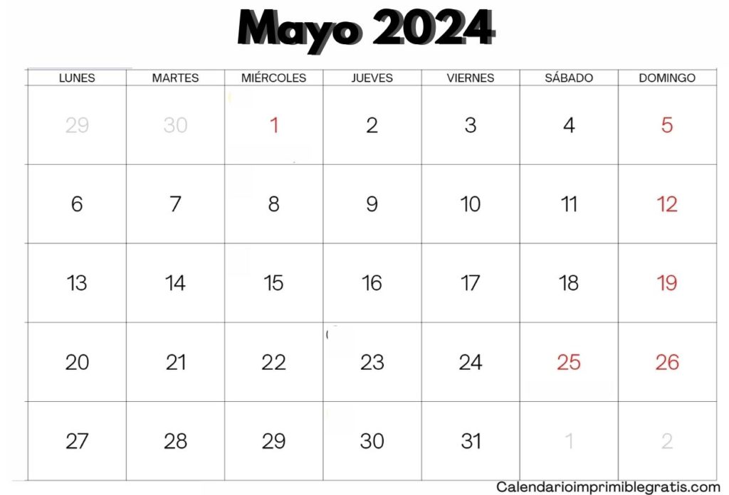 Calendario en blanco de mayo de 2024 para imprimir