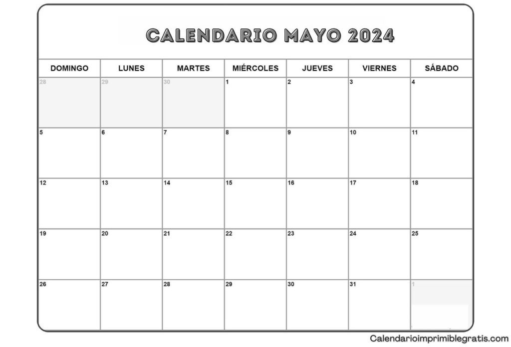 Calendario en blanco para mayo de 2024 con notas
