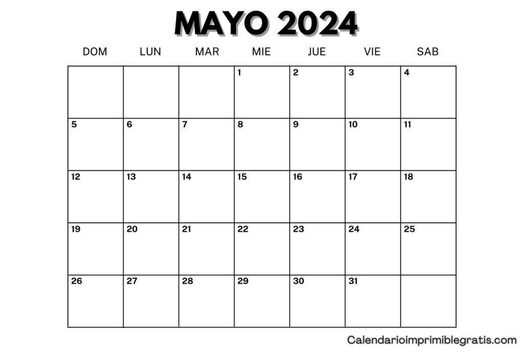 Calendario en blanco para mayo de 2024 editable